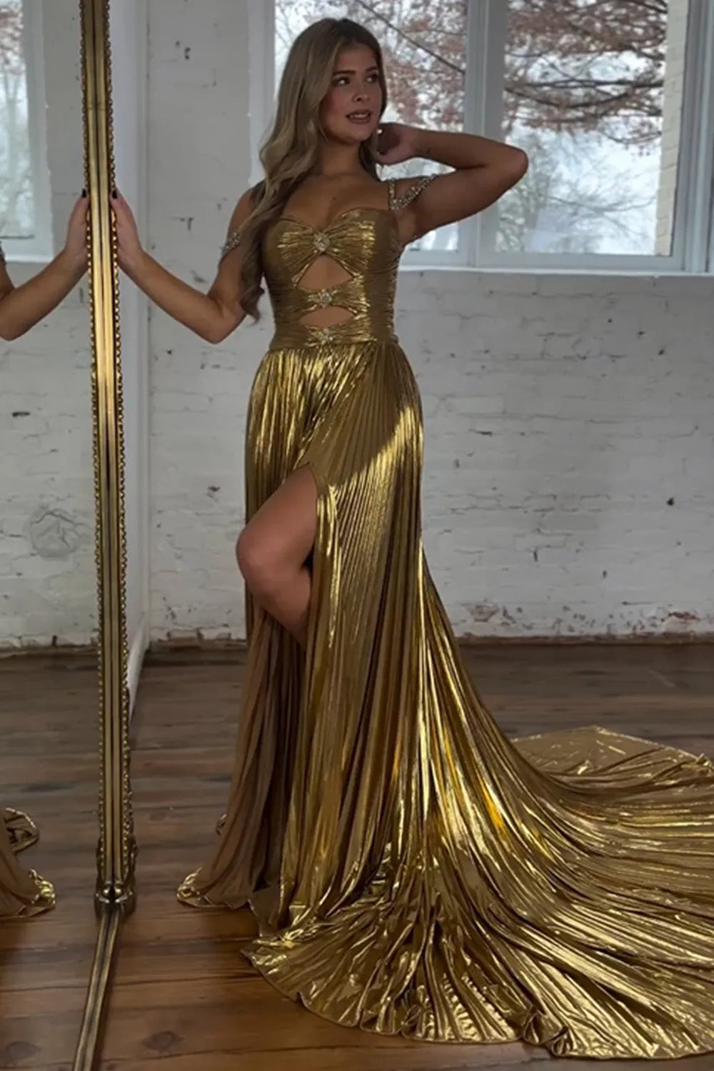 Wholesale Stylish Gold A-Line Beaded Off The Shoulder Long Prom Dress With Split prom dresses with long sleeves